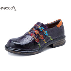 Socofy Genuine Leather Colourful Rope Deco Ethnic Printed Women's Flat Shoes