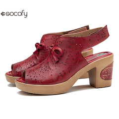 Socofy Summer Leather Retro Hollow Out High Heel Sandals