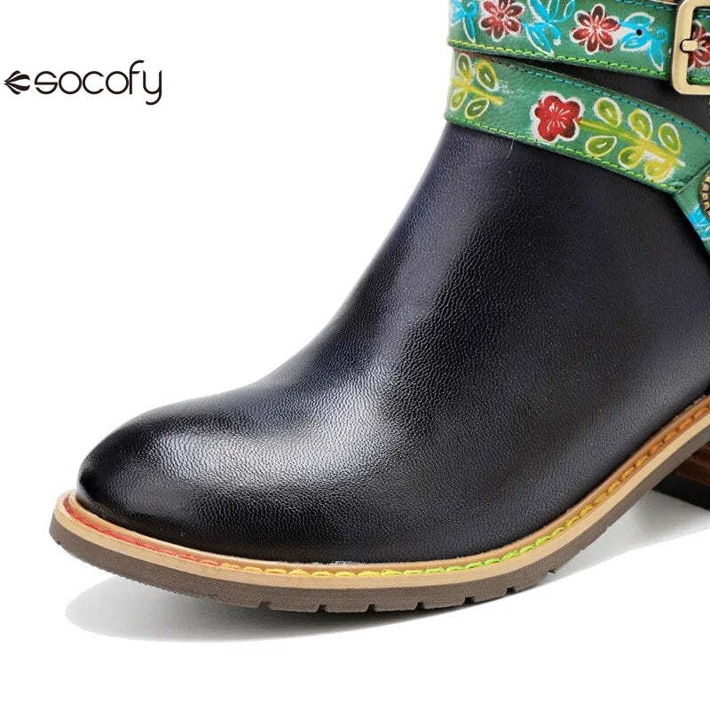 SOCOFY Belt Buckle ZIP Genuine leather Flower Splicing British Style Ankle Boots