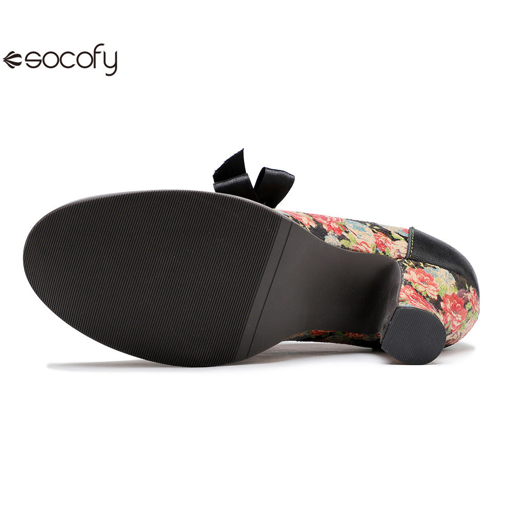 Socofy Vintage Rustic Broken Flower Strappy Bow High Heels