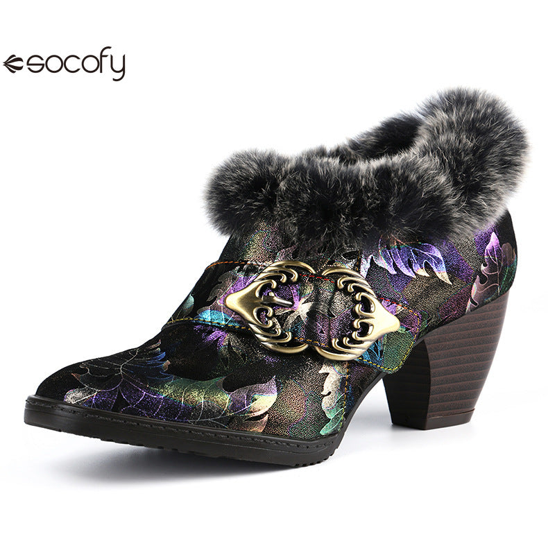 Socofy Vicconfy Genuine Leather Vintage Genuine Wool Patchwork Vintage Illusion Pumps