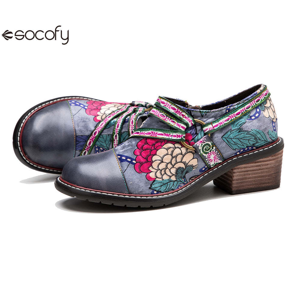 Socofy Leather Patchwork Vintage Graffiti Oxfords Brogues