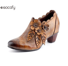 Socofy Genuine Leather Handmade Vintage Fashion Side Zipper High Heels Women's Shoes