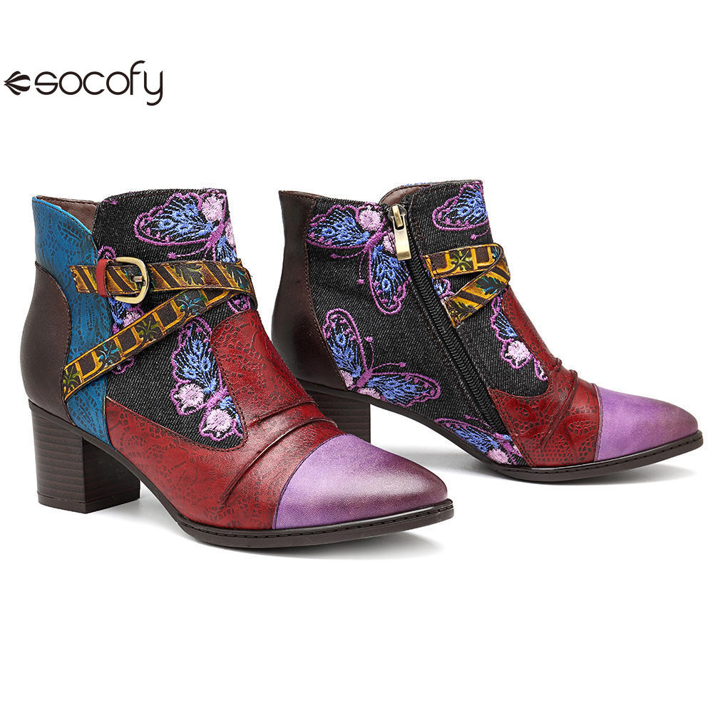 Socofy Vicconfy Patchwork Ethnic Butterfly Women's Boots