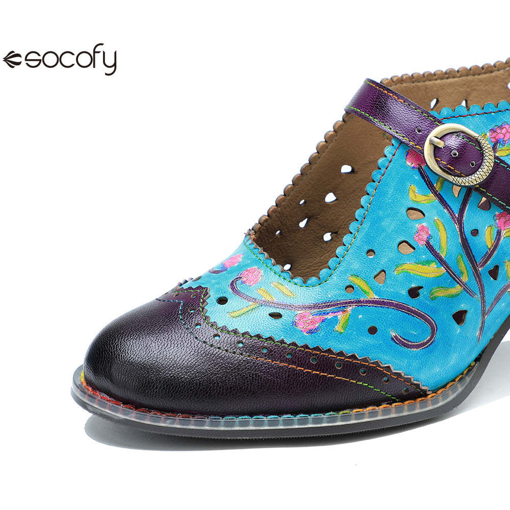 Socofy genuine leather hand-rubbed hollow flower high heels for women