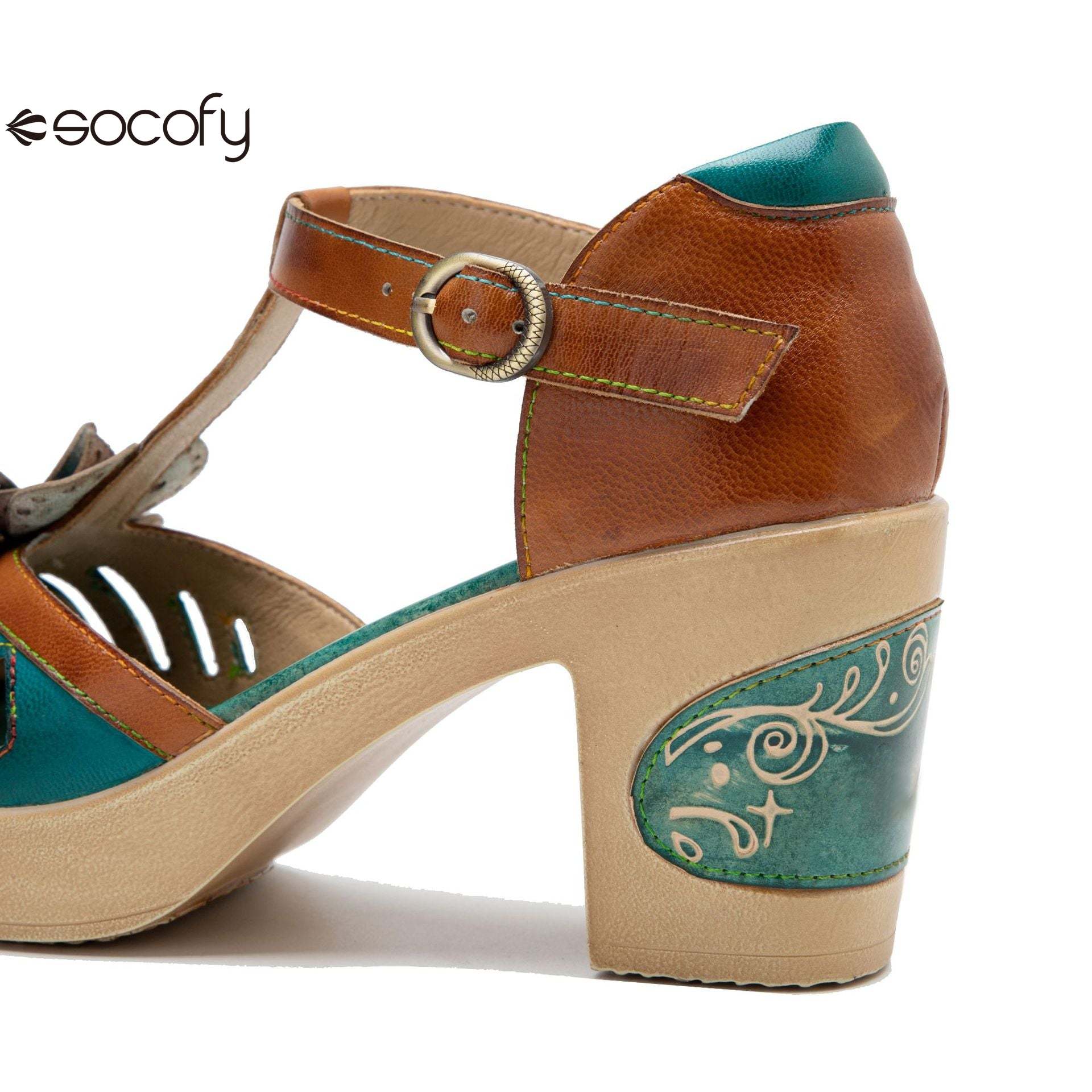 Socofy spring and summer leather retro casual three-dimensional flowers buckle strap women's sandals