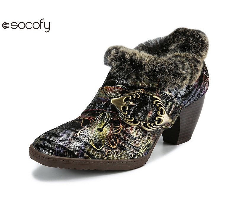 Socofy Vicconfy Genuine Leather Vintage Genuine Wool Patchwork Vintage Illusion Pumps