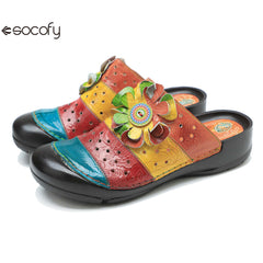 Socofy genuine leather handmade hollow three-dimensional flower comfortable flat slippers