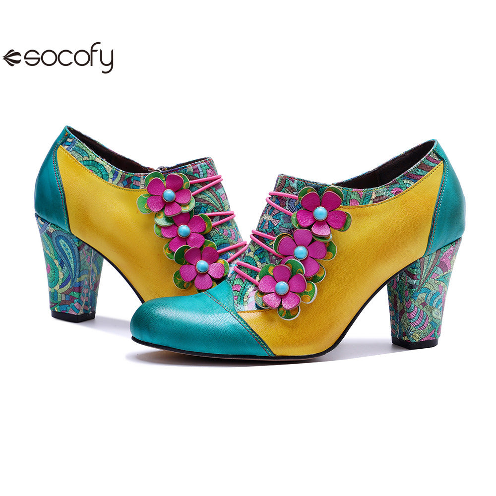 Socofy Leather Genuine Leather Vintage Floral Chunky Heeled Pumps