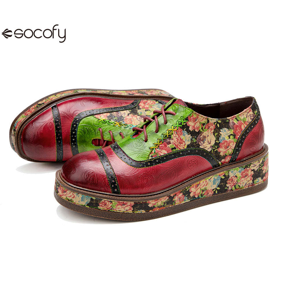 Socofy colour collision splicing lace-up thick bottom women's platform flat shoes