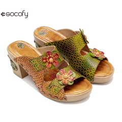 Socofy Spring and summer genuine leather retro flower comfortable thick heel high heel sandals