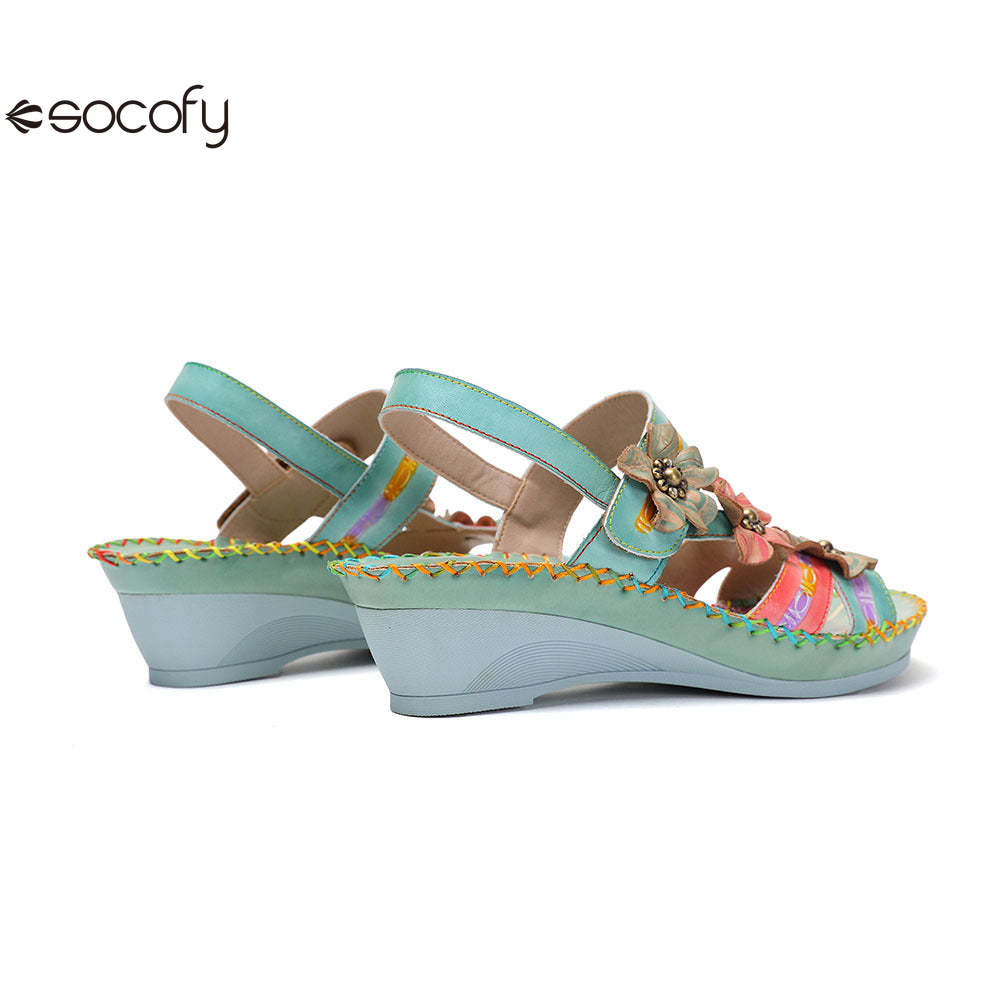 Socofy Vicconfy Genunie Leather Floral Handmade Women's Sandals