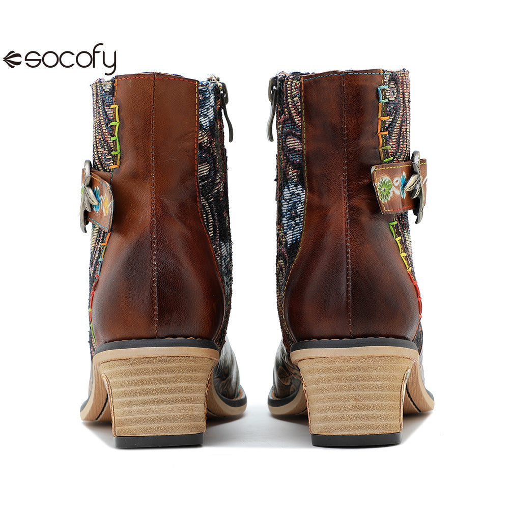 Socofy Vicconfy Genuine Leather Floral Vintage Casual Comfort Ankle Boots