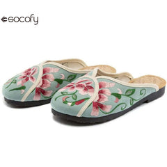 Socofy Spring Summer Outside Embroider Flat Slippers