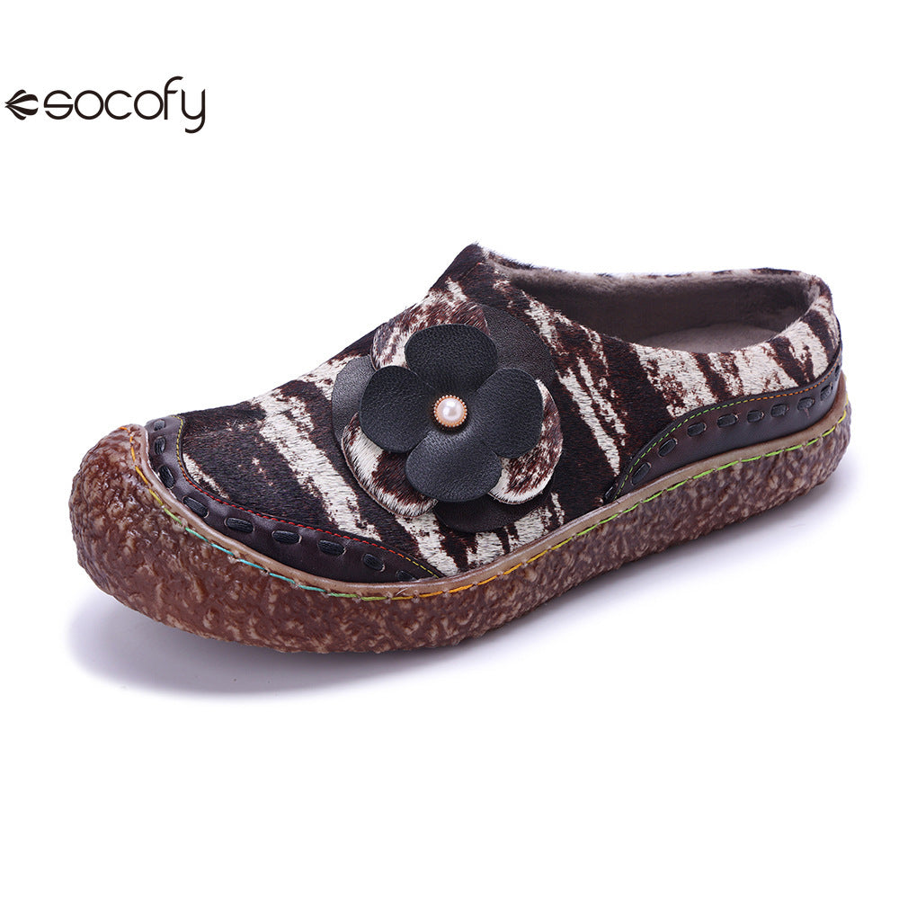 Socofy Vicconfy Genuine Leather Pony Hair Cubic Flower Retro Comfort Loafers