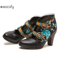 Socofy fashionable ethnic style stiletto heel round toe genuine leather boots for women