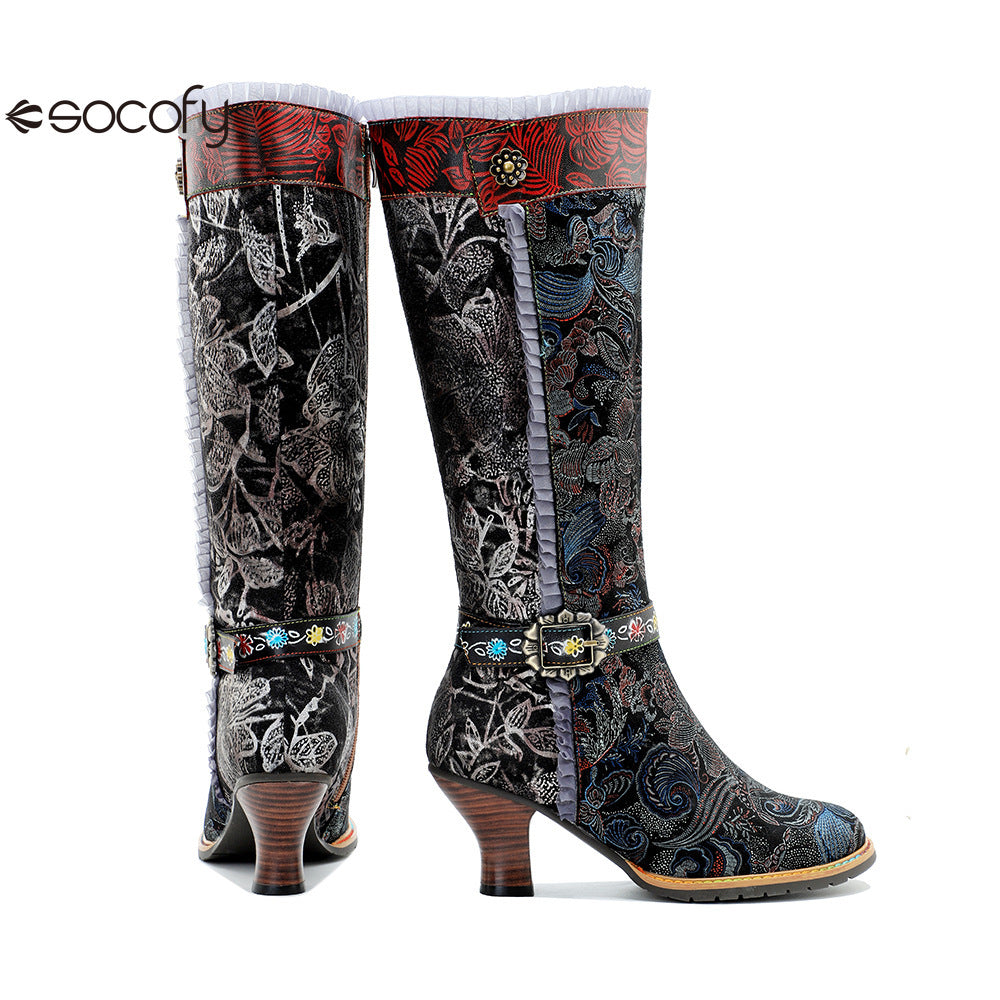 Socofy Genuine Leather Vintage Boots Warm Lace Side Heeled Boots