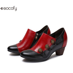 Socofy Vicconfy Genuine Leather Ethnic Style Handmade Vintage Literary Buckle Heels