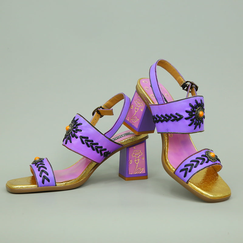 Vicconfy Purple Turquoise Embellished Ethnic Style Women's High Heeled Sandals