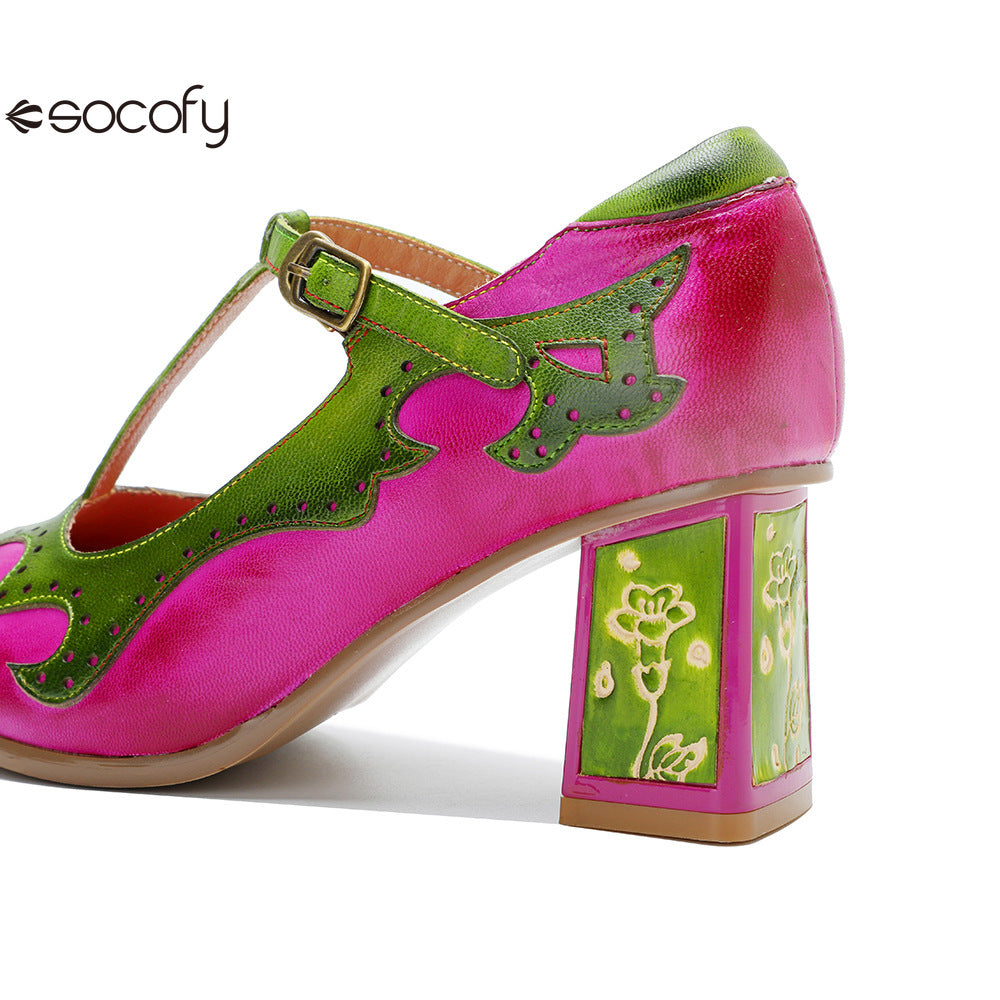 Socofy Handmade Leather Vintage Mary Jane Heels