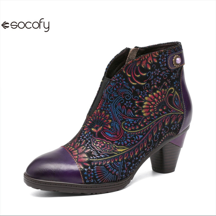 Socofy Vicconfy Vintage Floral Handmade Heeled Ankle Boots