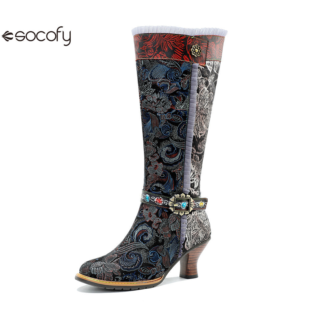 Socofy Genuine Leather Vintage Boots Warm Lace Side Heeled Boots