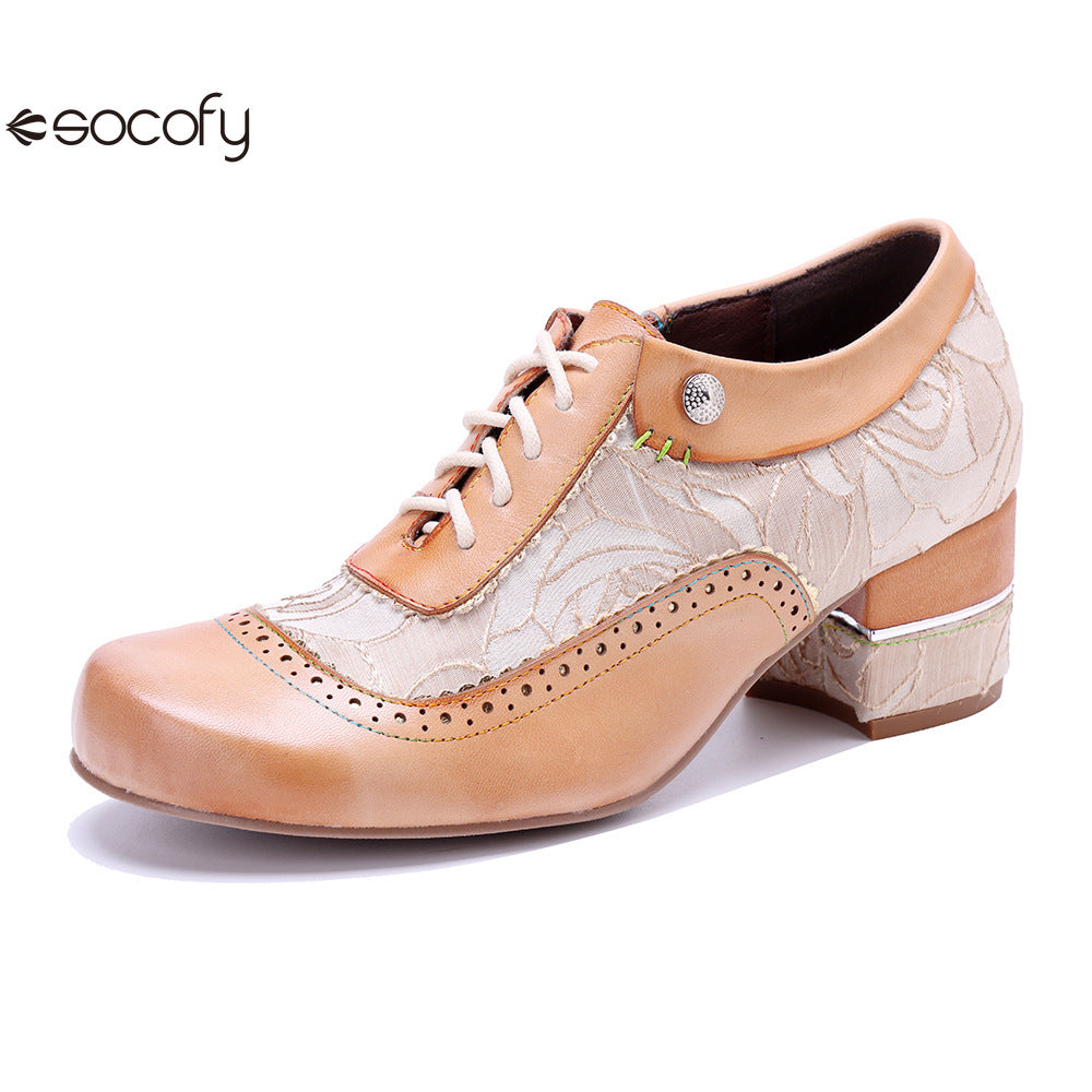 Socofy Genuine leather beige vintage brogue tassel side zipper pumps