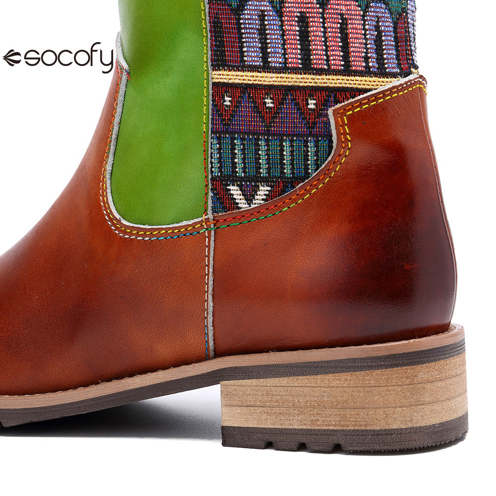 Socofy Vicconfy Genuine Leather Vintage Patchwork Long Warm Boots