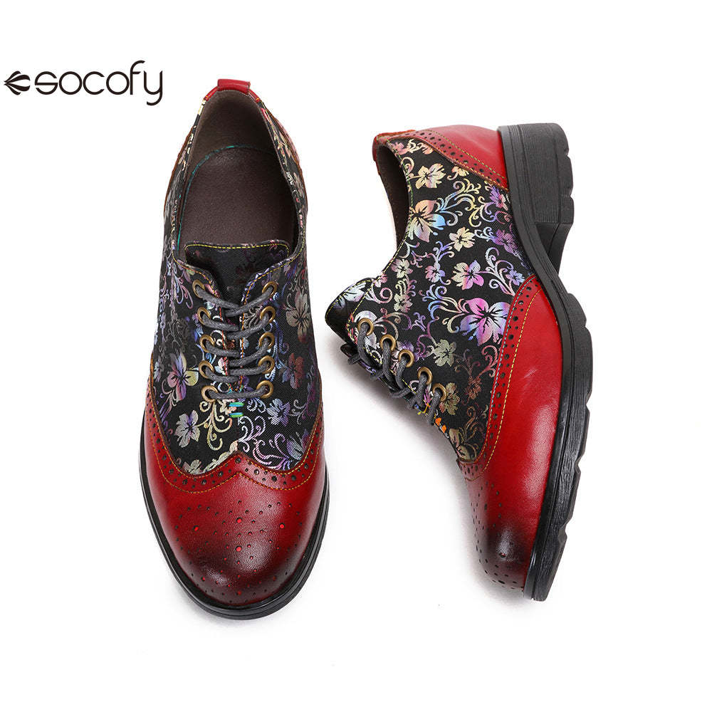 Socofy Ethnic style flower retro cowhide casual women's shoes