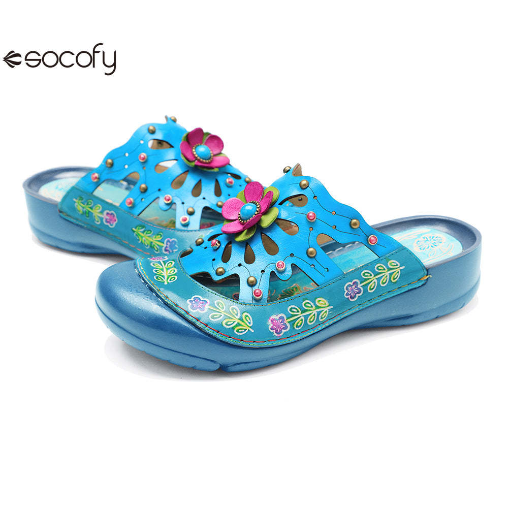 Socofy Genuine leather hand-rubbed vintage casual three-dimensional flower hollow comfortable shoes