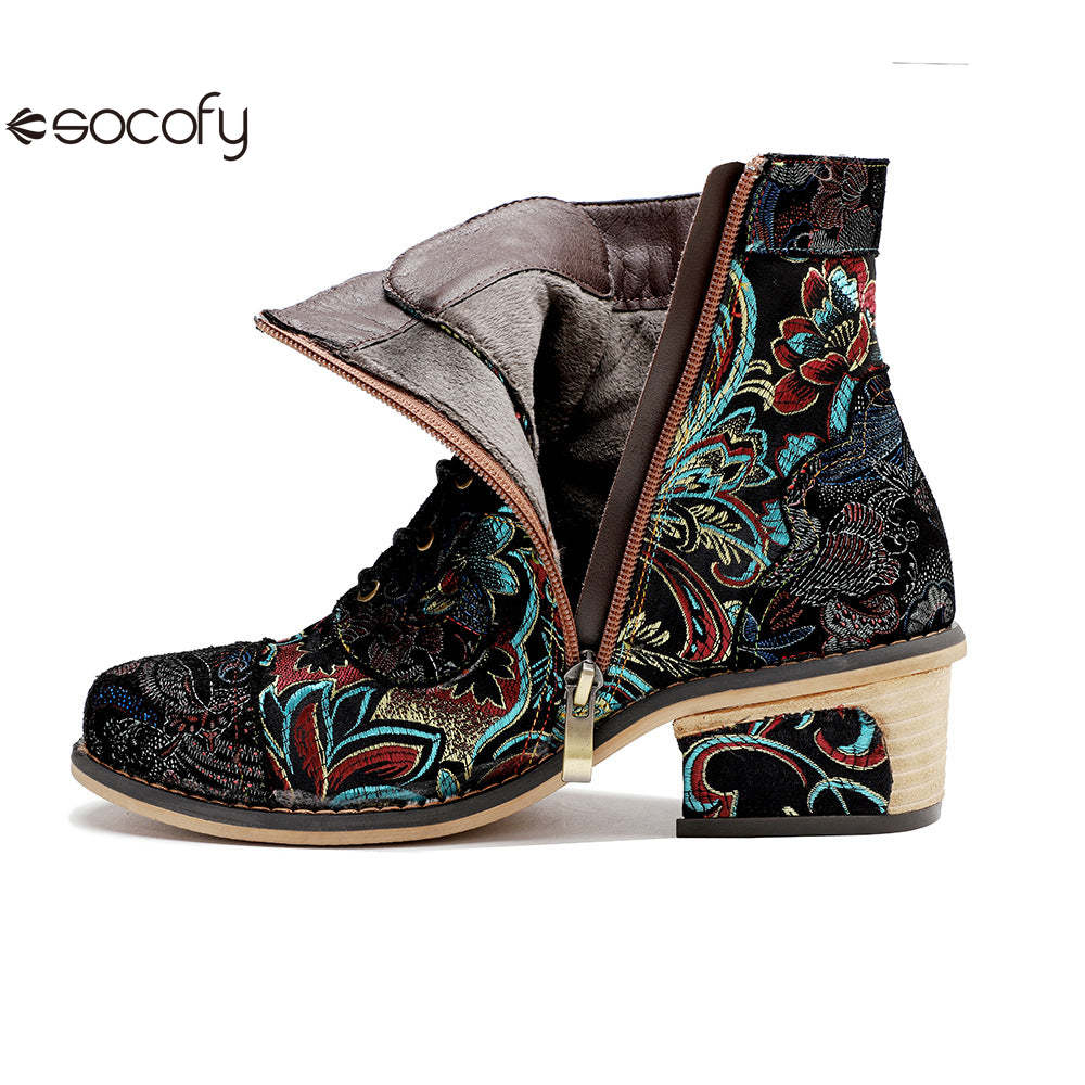 Socofy Vicconfy Vintage Printed Embroidered Casual Women's Boots