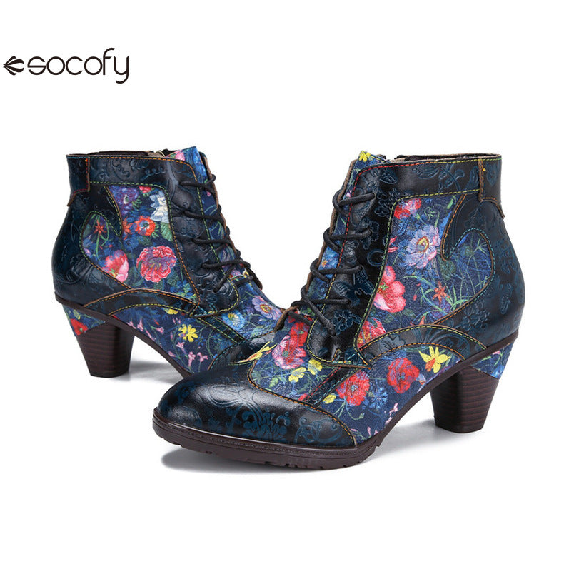 Socofy Vicconfy Vintage Floral Cowhide Ethnic Women's Leather Boots