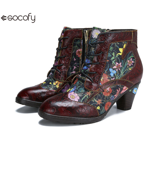 Socofy Vicconfy Vintage Floral Cowhide Ethnic Women's Leather Boots 790