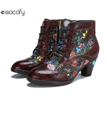 Socofy Vicconfy Vintage Floral Cowhide Ethnic Women's Leather Boots