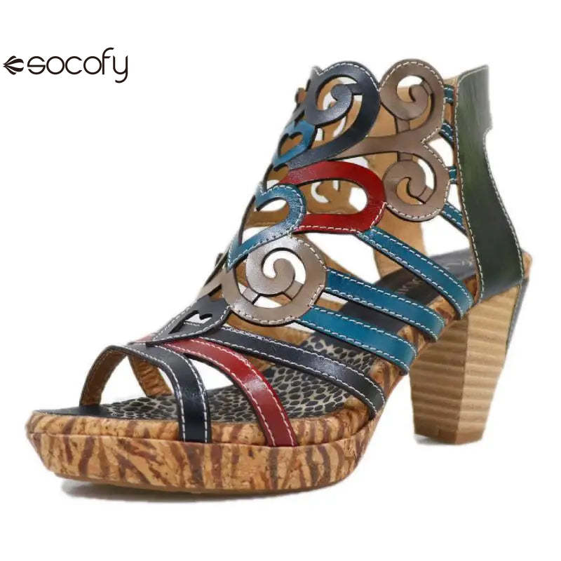 Socofy Genuine Leather Hook & Loop Mixed Colors Retro Sewing Casual High Heels Women Shoes