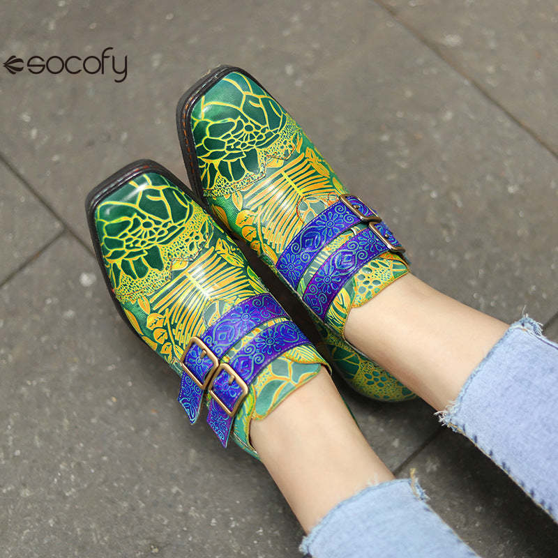 Socofy genuine leather green printed pastoral style retro thick heel women's high heels