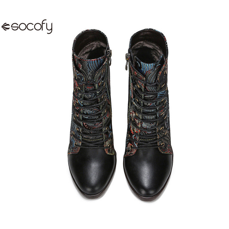 Socofy Vicconfy Cowhide Non-Slip Vintage Embroidered Heel Ankle Boots