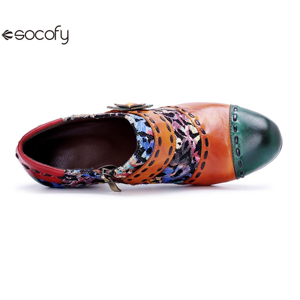 Socofy Genuine Leather Vintage Floral Chunky Heeled Women Pumps