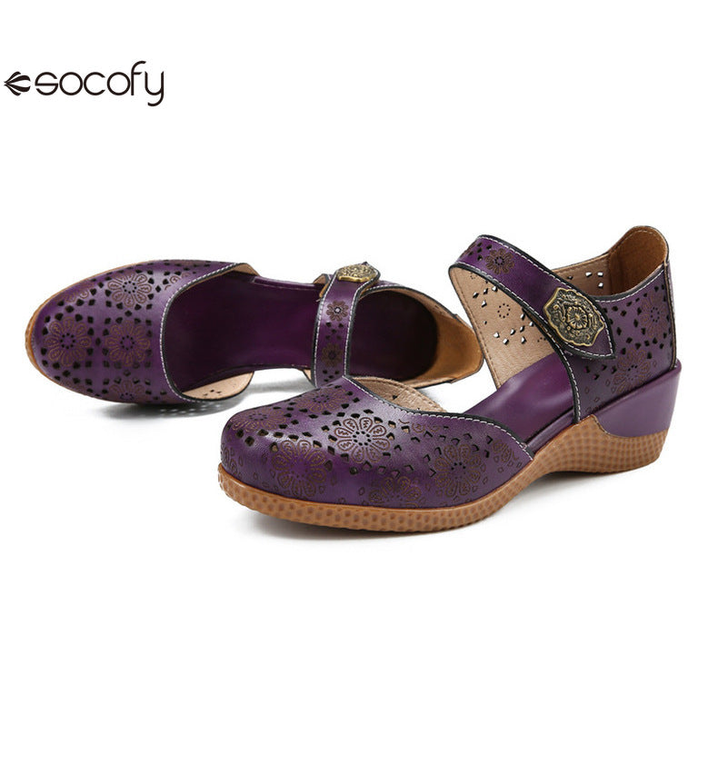 Socofy Genuine leather romantic three-dimensional flowers hollowed out sandals