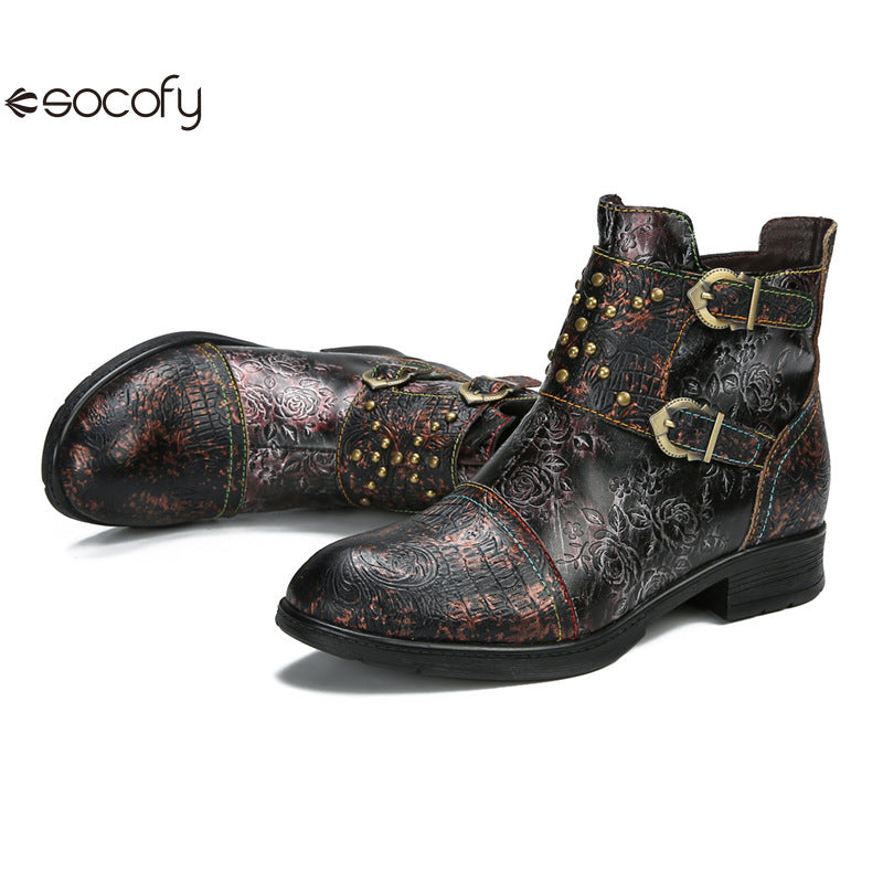 Socofy Vicconfy Genuine Leather Ethnic Vintage Rivet Belt Buckle Boots