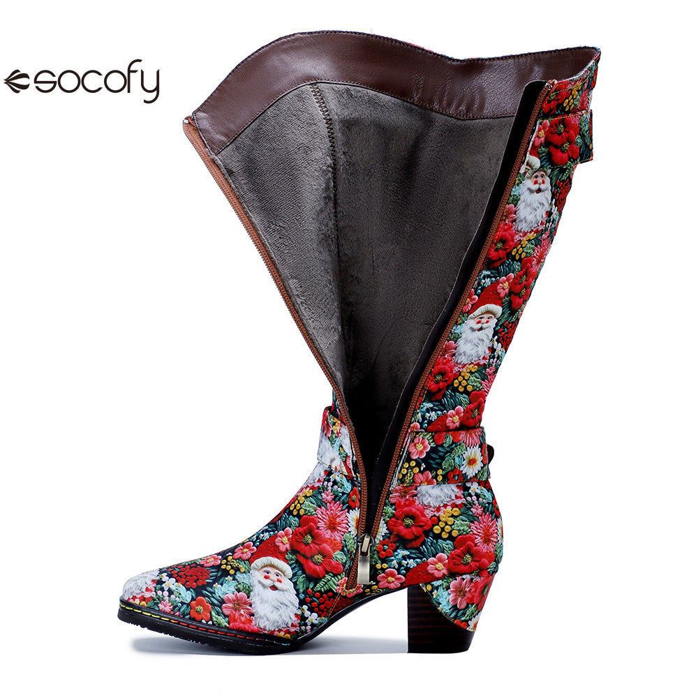 Chrismas Exclusive｜Socofy Vicconfy Vintage Print Casual Chunky Heel Comfort High Boots