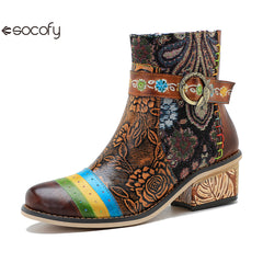 Socofy Vicconfy Genuine Leather Floral Vintage Casual Comfort Ankle Boots