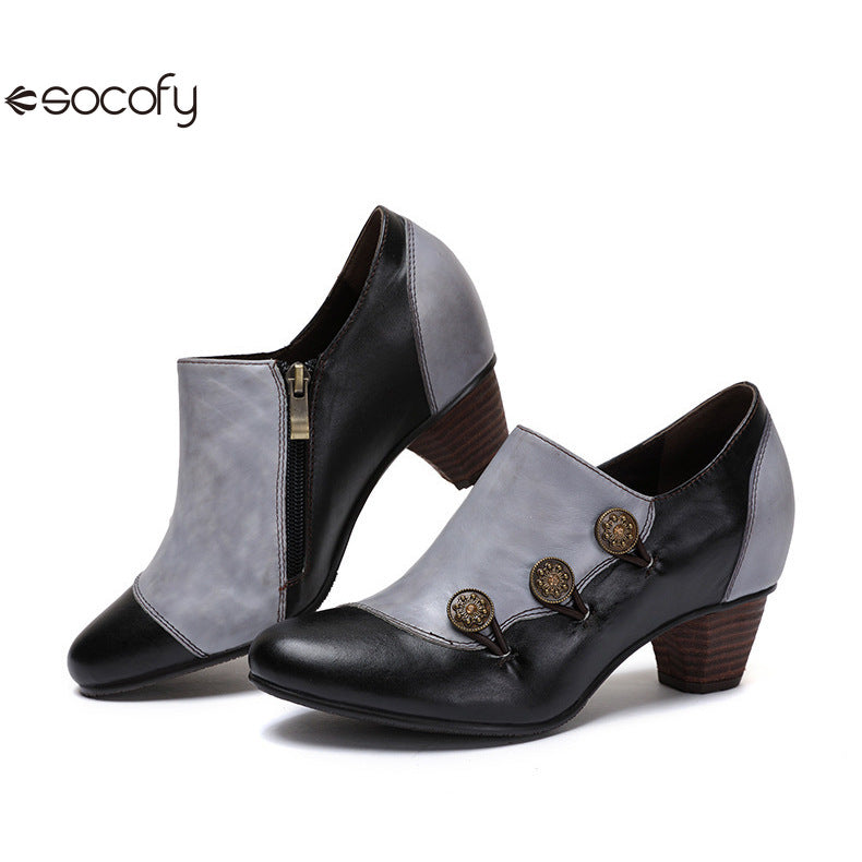 Socofy Vicconfy Genuine Leather Ethnic Style Handmade Vintage Literary Buckle Heels