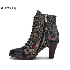 Socofy Vicconfy Cowhide Non-Slip Vintage Embroidered Heel Ankle Boots