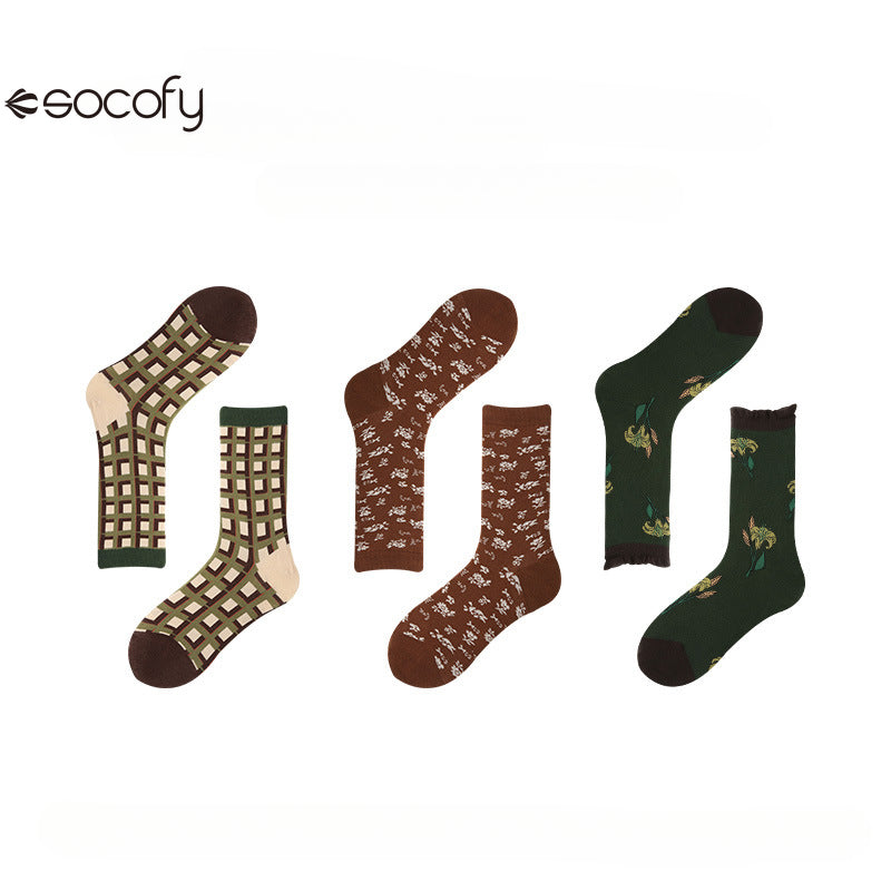 Socofy Vintage mid-calf socks for women combed cotton fashion socks