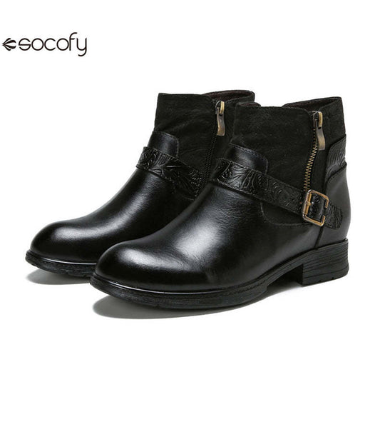 Socofy Vicconfy Women's Round Toe Cowhide Ethnic Leather Boots Fashion Boots 790