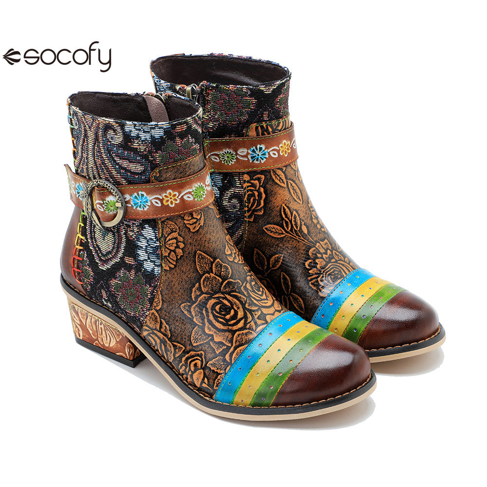 Socofy Vicconfy Genuine Leather Floral Vintage Casual Comfort Ankle Boots