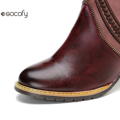 Socofy Vicconfy Leather Electric Embroidered Zipper Ankle Boots