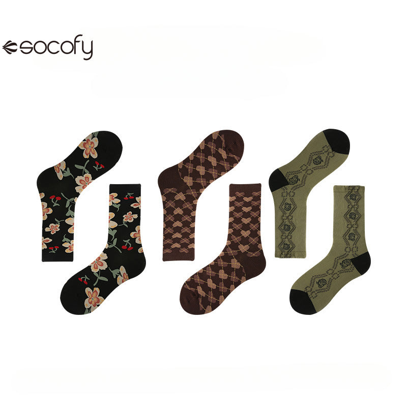 Socofy Vintage mid-calf socks for women combed cotton fashion socks