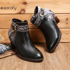 Socofy Vicconfy Vintage Cowhide Leather Boots Fashion Boots Mid Heel Women's Shoes